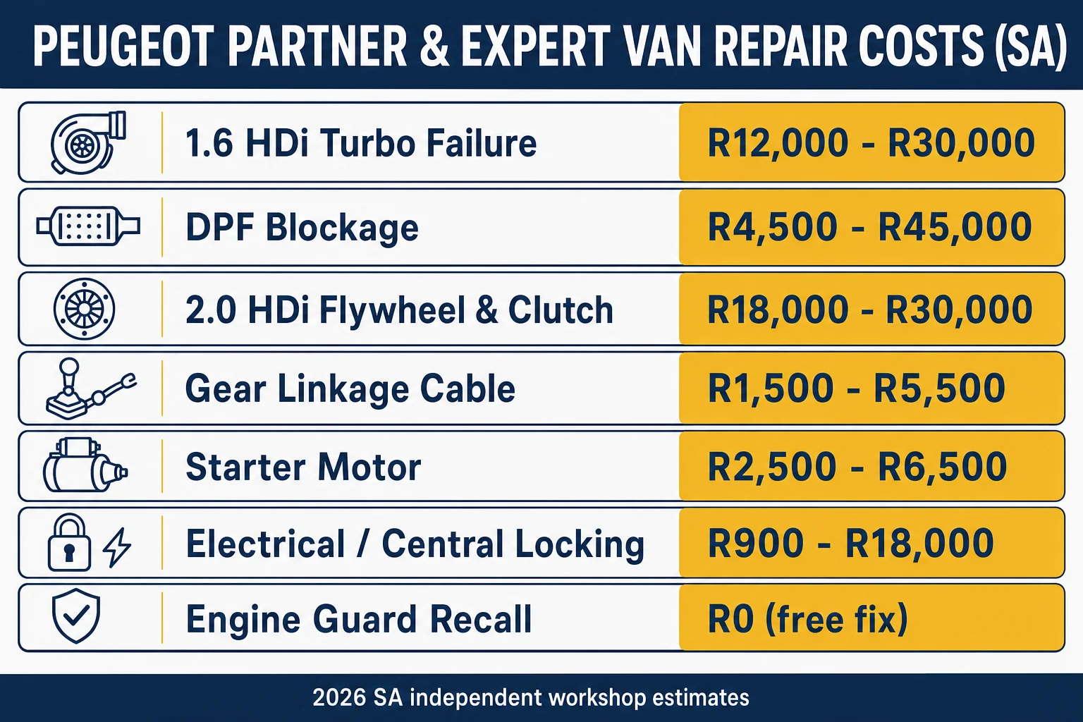 Peugeot Partner and Expert van repair costs in South Africa — turbo, DPF, flywheel and clutch, gear linkage, starter, electrical and the engine-guard recall, with rand price ranges